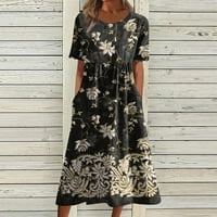 Ljetna Ženska haljina kratkih rukava s dugom suknjom, modna haljina s okruglim vratom s podebljanim printom i džepom, siva, e-mail