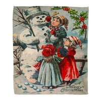 Flanel deka zimska dječja deka koja stvara Snjegovića u vintage stilu, Sretan Božić Currier Ives, lagana, ugodna, Plišana, pahuljasta,