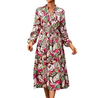 Ženske Ležerne haljine s visokim izrezom i maksi printom, ležerna široka haljina s dugim rukavima s lepršavim remenom za žene, ružičasta