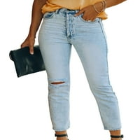 Ženske rastezljive jednobojne Traper Hlače u donjem rublju, Casual hlače s patentnim zatvaračem, poderane hlače za slobodno vrijeme,