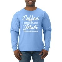 Coffee rank pomaže mi da započnem, Isus me drži u pokretu, inspirativna kršćanska muška košulja dugih rukava, svijetloplava, srednje