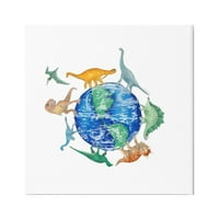 Stupell Industries Različiti dinosauri koji kruže planetom Zemlje Globe Ilustracija Grafička umjetnička galerija zamotana platno