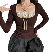 Ženska Vintage majica s dugim rukavima s dugim rukavima, čipkasti krop s četvrtastim ovratnikom