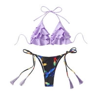 Ženski kupaći kostimi Plus size push-up s visokim izrezom i visokim strukom, bikini set s naramenicama, ljubičasti kupaći kostim