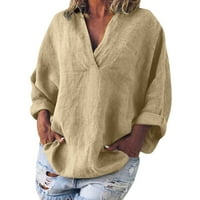 Ženske casual široke pamučne lanene košulje Dugih rukava s izrezom u obliku slova U, bluze, majice, lagane jednobojne majice