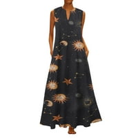 haljine za žene, ženske plus size haljine s printom sunca, zvijezda i Mjeseca, Vintage boemska Maksi haljina Bez rukava, Orange +
