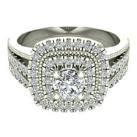 Zaručnički prsten s okruglim dijamantom u obliku jastuka s dvostrukim aureolom 0. Ukupna težina bijelog zlata je 14k