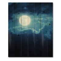Designart 'Noć punog mjeseca u oblačnom nebu III' nautički i obalni tisak na prirodnom borovom drvetu