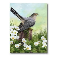 Cuckoo ptica na starom panjevi i bijelim cvjetovima slikanje platna umjetnički tisak