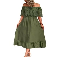 Elegantna jednobojna haljina A kroja s ramena, dužine lakta, vojno zelena, Ženske haljine