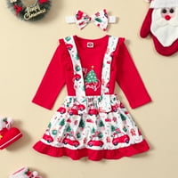 Božićna odjeća za djevojčice, čipkasti kombinezon s dugim rukavima s natpisom + tiskana suknja na tregerima + pokrivalo za glavu