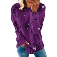 Ženska majica za Noć vještica dugih rukava s okruglim vratom horror top odjeća za Noć vještica jesenski modni pulover za odmor Ljubičasta