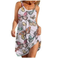 Mini haljine za žene s okruglim vratom bez rukava s printom leptira, labave boemske lepršave ljetne večernje kratke sarafane