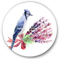 DesignArt 'Blue Jay ptica na buketu ružičastih cvjetova tradicionalna metalna zidna umjetnost - disk od 29