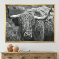 DesignArt 'Izbliza škotske krave na seoskoj kući Moorland I' Farma, uokvirena platna zidna umjetnička tiska