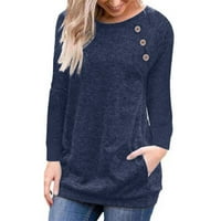 Ženski casual jednobojni široki pulover s okruglim vratom s dugim rukavima, Mornarsko plava, poliesterska, poliesterska, poliesterska,