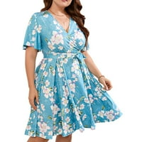 Plus-Size Ženska ljetna haljina s izrezom i kratkim rukavima, Mini ljetne haljine s cvjetnim printom, Ležerne neobične boho haljine,